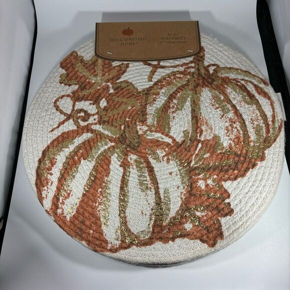 Set Of‎ 4 Well Dressed Home 15" Round Placemats Harvest Fall Halloween Gold Trim - Picture 1 of 4